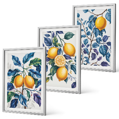 Set om 3 tavlor Citrongrenar blå blad