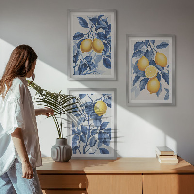 Tavelset ovanför soffa Citrongrenar blå blad