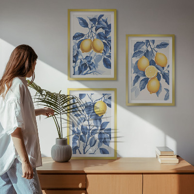 Tavelset ovanför soffa Citrongrenar blå blad