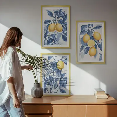 Tavelset med citrongrenar och blå blad för vägg ovanför soffa