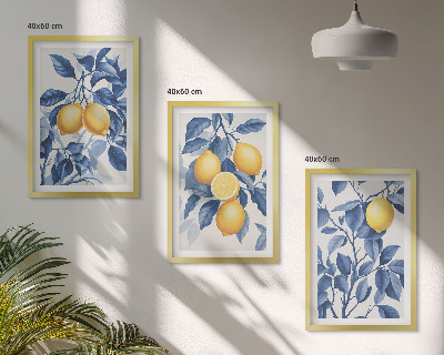 Tavelset ovanför soffa Citrongrenar blå blad