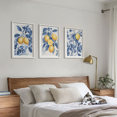 Tavelset ovanför soffa Citrongrenar blå blad