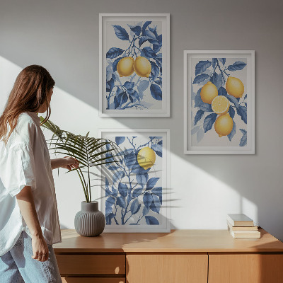 Tavelset ovanför soffa Citrongrenar blå blad