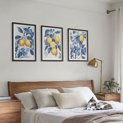 Tavelset ovanför soffa Citrongrenar blå blad