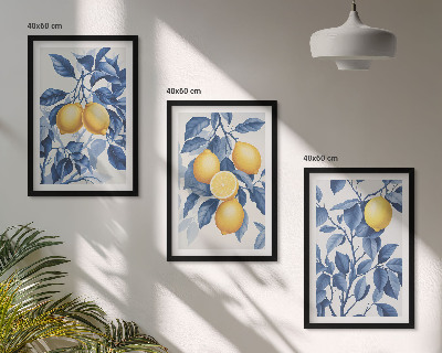 Tavelset ovanför soffa Citrongrenar blå blad