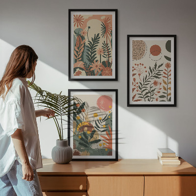 Set om 3 tavlor Vintage pastellfärgade växtmönster