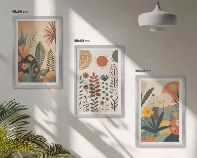 Tavelset för vägg ovanför soffa med boho växtmönster i naturtoner