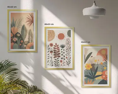 Tavelset för vägg ovanför soffa med boho växtmönster i naturtoner