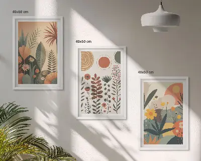 Tavelset för vägg ovanför soffa med boho växtmönster i naturtoner