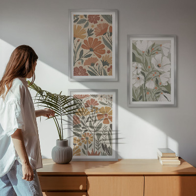 Tavelpaket med ramar Blommönster orange grön