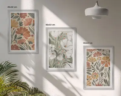 Tavelset med ramar blommönster i orange och grönt