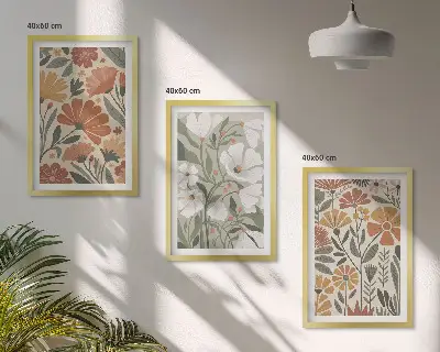 Tavelset med ramar blommönster i orange och grönt
