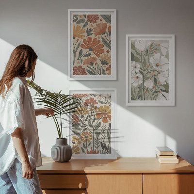 Tavelpaket med ramar Blommönster orange grön