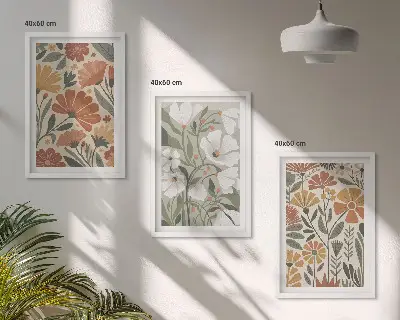 Tavelset med ramar blommönster i orange och grönt