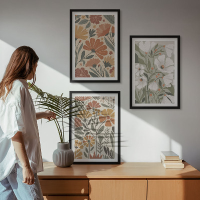 Tavelpaket med ramar Blommönster orange grön