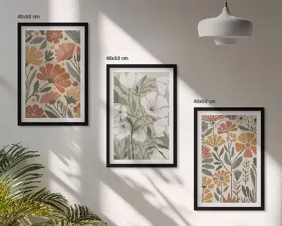 Tavelset med ramar blommönster i orange och grönt