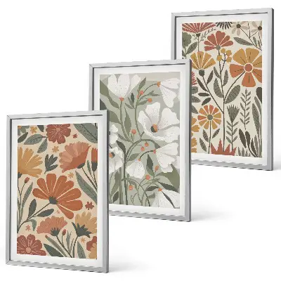 Tavelset med ramar blommönster i orange och grönt