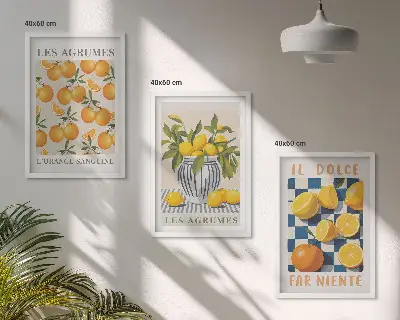 Tavelset ovanför soffan retro motiv med gula citrusfrukter