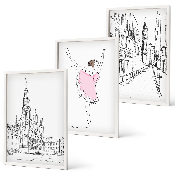 Set om 3 tavlor Snygga ballerinor och arkitektur