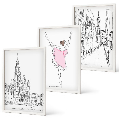 Set om 3 tavlor Snygga ballerinor och arkitektur