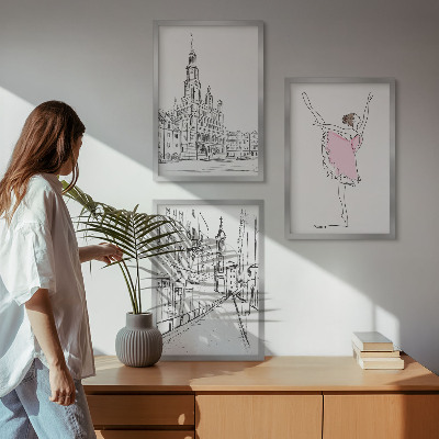 Set om 3 tavlor Snygga ballerinor och arkitektur