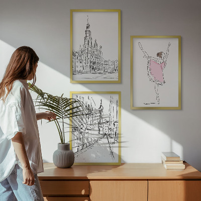 Set om 3 tavlor Snygga ballerinor och arkitektur