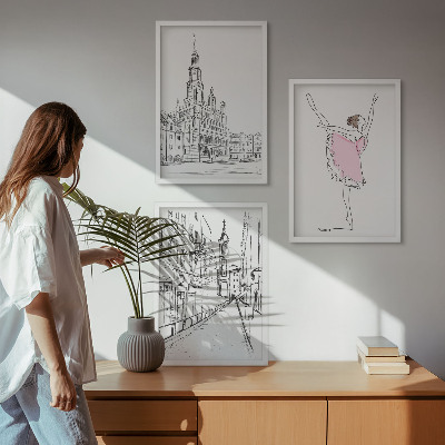 Set om 3 tavlor Snygga ballerinor och arkitektur