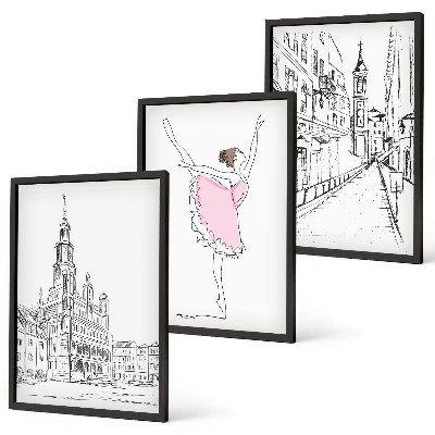 Set om 3 tavlor Snygga ballerinor och arkitektur