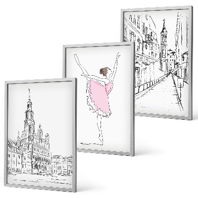 Set om 3 tavlor Snygga ballerinor och arkitektur