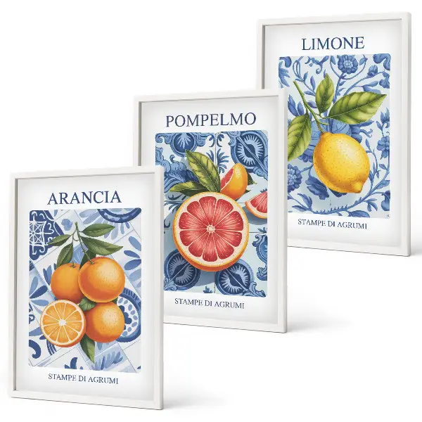 Citrusfrukter vintage illustrationer tavelset för vägg ovanför soffa