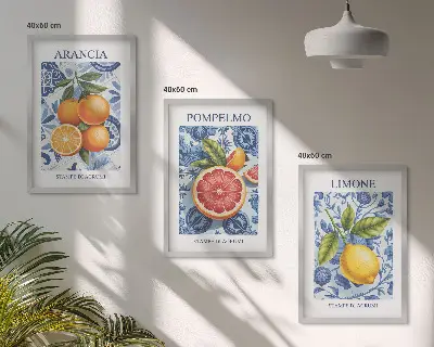 Citrusfrukter vintage illustrationer tavelset för vägg ovanför soffa