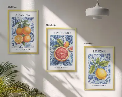 Citrusfrukter vintage illustrationer tavelset för vägg ovanför soffa