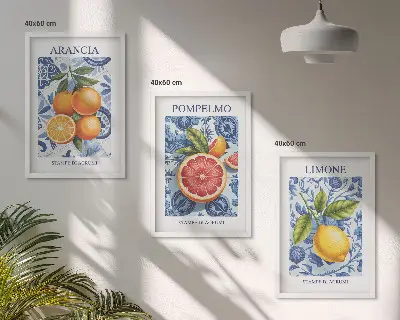 Citrusfrukter vintage illustrationer tavelset för vägg ovanför soffa