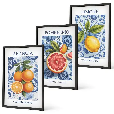 Citrusfrukter vintage illustrationer tavelset för vägg ovanför soffa