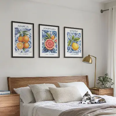 Citrusfrukter vintage illustrationer tavelset för vägg ovanför soffa
