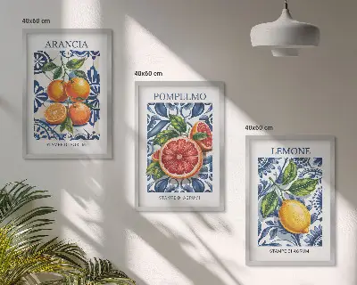 Italienska citrus- och modeposters tavelvägg med ramar
