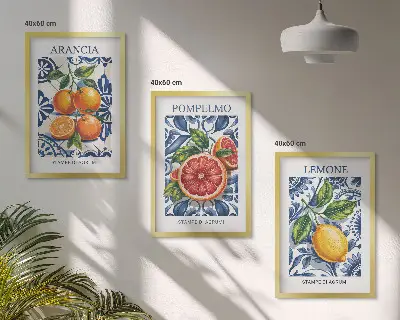 Italienska citrus- och modeposters tavelvägg med ramar