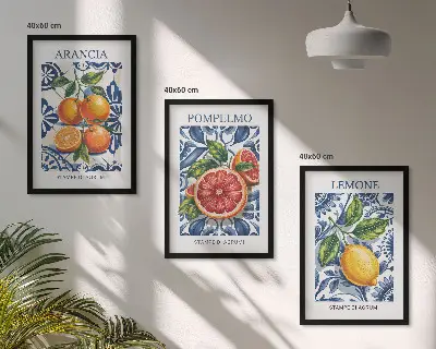 Italienska citrus- och modeposters tavelvägg med ramar