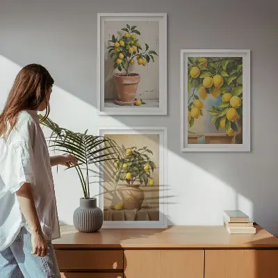 Citronträd i kruka och vas set med 3 tavlor