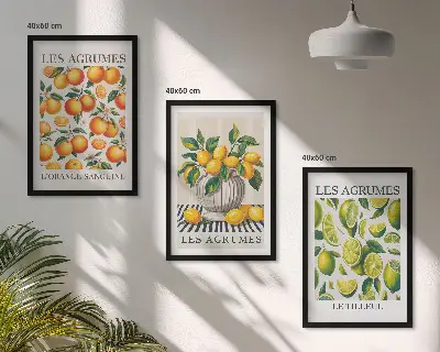 Tavelset för vägg ovanför soffa med motiv av citrusfrukter i färgglada toner