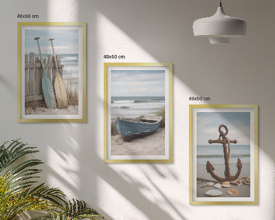 Tavelset ovanför soffa strand båt ankare sand