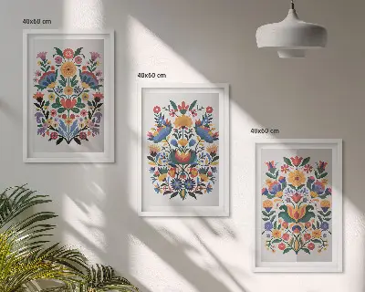 Blommönster i intensiva färger set om 3 tavlor