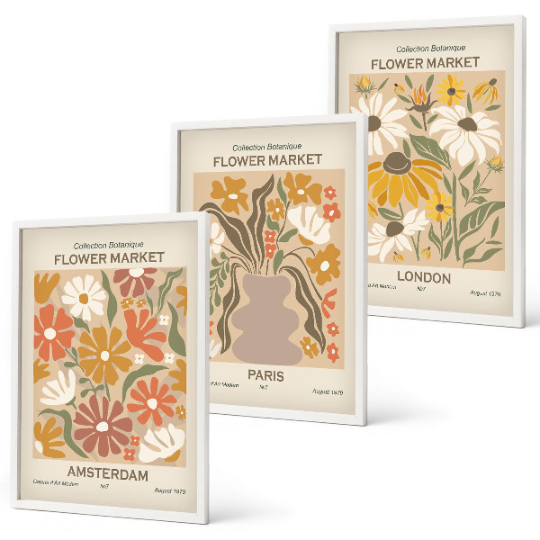 Set om 3 tavlor Blommönster Amsterdam Paris London