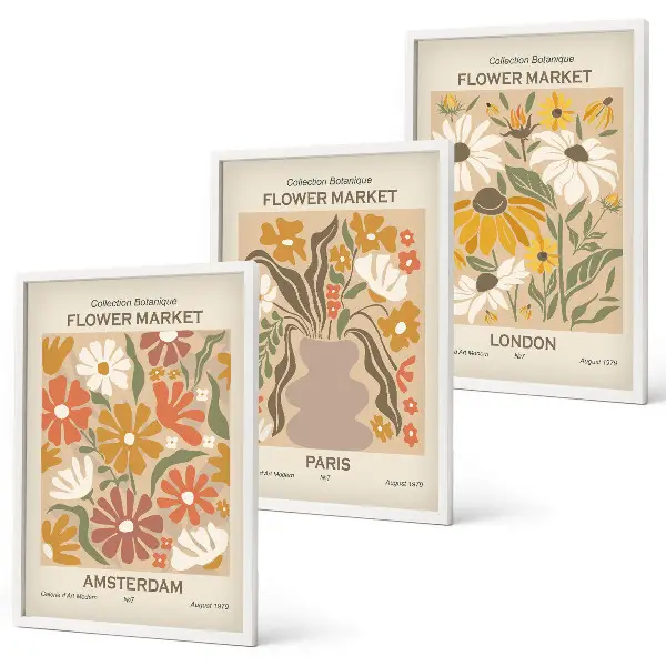 Blommönster Amsterdam Paris London set med 3 tavlor