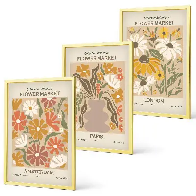 Blommönster Amsterdam Paris London set med 3 tavlor