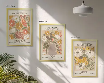 Blommönster Amsterdam Paris London set med 3 tavlor