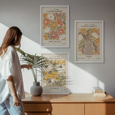 Set om 3 tavlor Blommönster Amsterdam Paris London