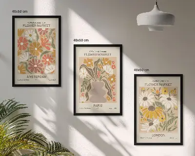 Blommönster Amsterdam Paris London set med 3 tavlor
