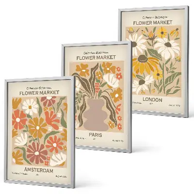 Blommönster Amsterdam Paris London set med 3 tavlor