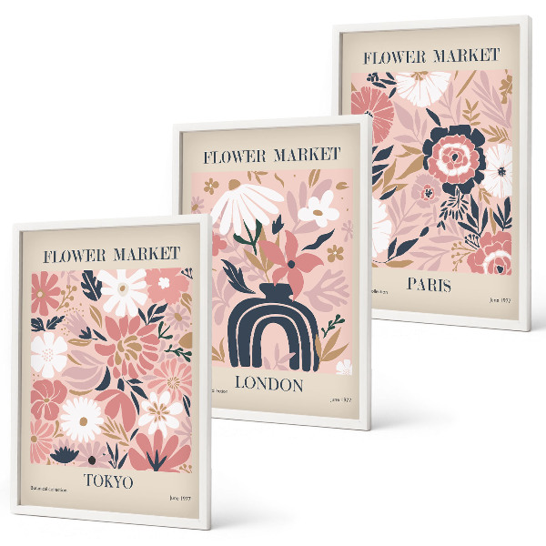 Tavelset ovanför soffa Blommotiv Tokyo London Paris